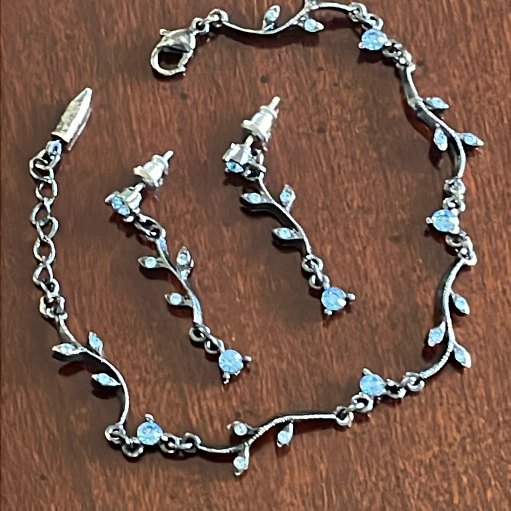 1928 Vintage Bracelet and Dangle Earring Set with Light Blue Crystals